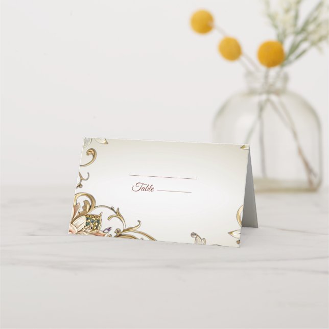 White Gold Floral Platzkarte (Vorderseite)