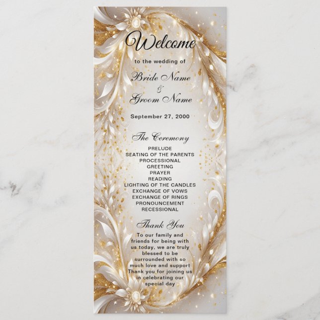 White Gold Floral Wedding Program Programm (Vorderseite)