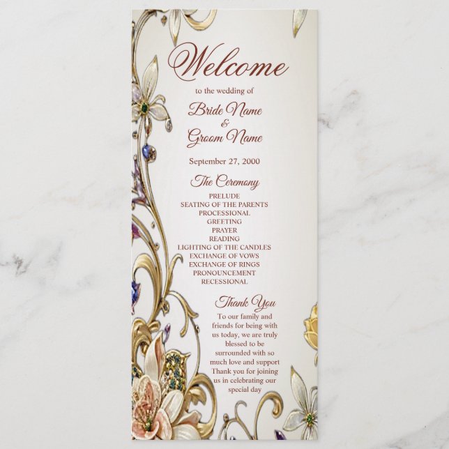 White Gold Floral Wedding Program Programm (Vorderseite)