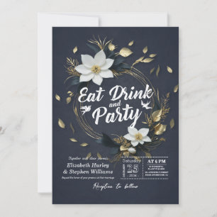 White Gold Floral Wreath EAT Drink & Party Hochzei Einladung