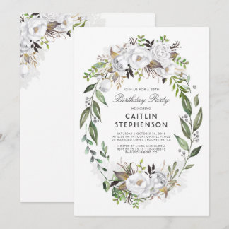 White Gold Floral Wreath Elegante Geburtstagsparty Einladung