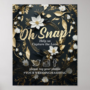 White Gold Floral Wreath Wedding Snap Hashtag Zeic Poster