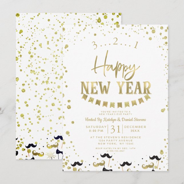 White & Gold Foil Confetti Silvester Party Einladung (Vorne/Hinten)