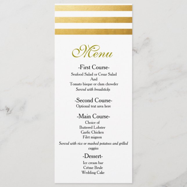White & Gold Foil Streifen Elegantes Hochzeitsmenü Menükarte (Vorderseite)
