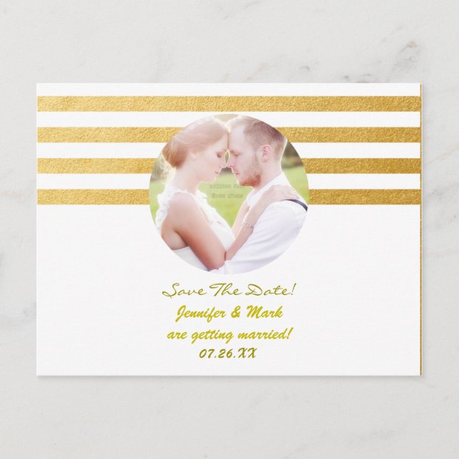 White & Gold Foil Streifen Rett Date FOTO Postkart Ankündigungspostkarte (Vorderseite)