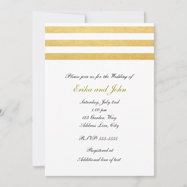 White & Gold Foil Striped Chic Hochzeitseinladung Einladung (Vorderseite)