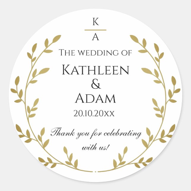 White & Gold Foliage Monogram Wedding Verlobung Runder Aufkleber (Vorderseite)