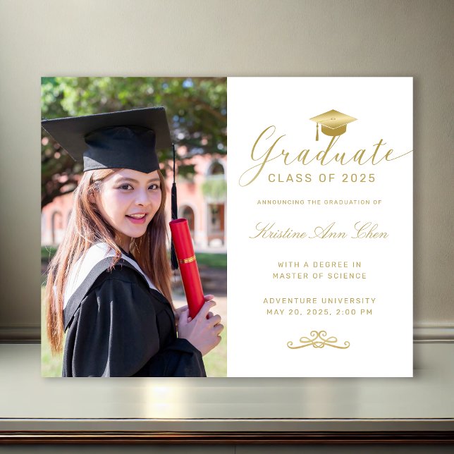 White Gold Formal Script Foto Abschluss (Budget White Gold Formal Script Photo Graduation Announcement)