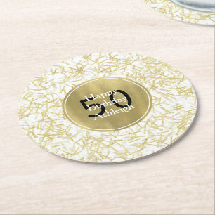 White Gold Glam Confetti 50. Geburtstag Runder Pappuntersetzer