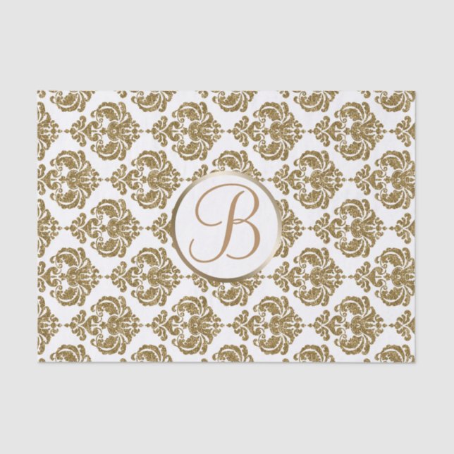White Gold Glam Damask Monogram Letter Initial Seidenpapier (Vorderseite)