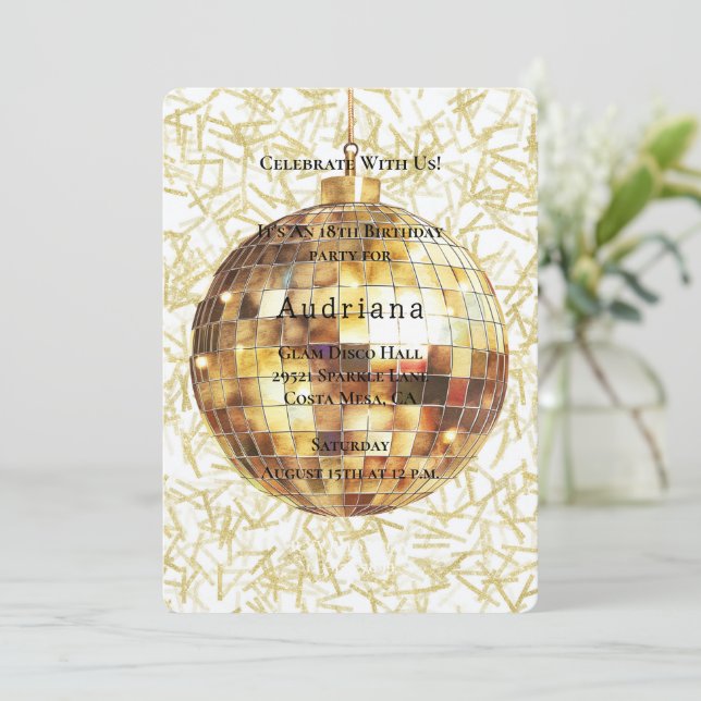 White Gold Glam Glitzy Disco Ball Birthday Einladung (Stehend Vorderseite)