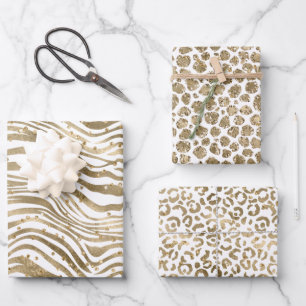 White Gold Glitz Sparkle Animal Prints Geschenkpapier Set