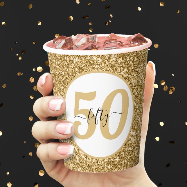 White & Gold Glitzer 50 Fünfzig Jahre 50. Geburtst Pappbecher (gold glitter 50th birthday party paper cup)
