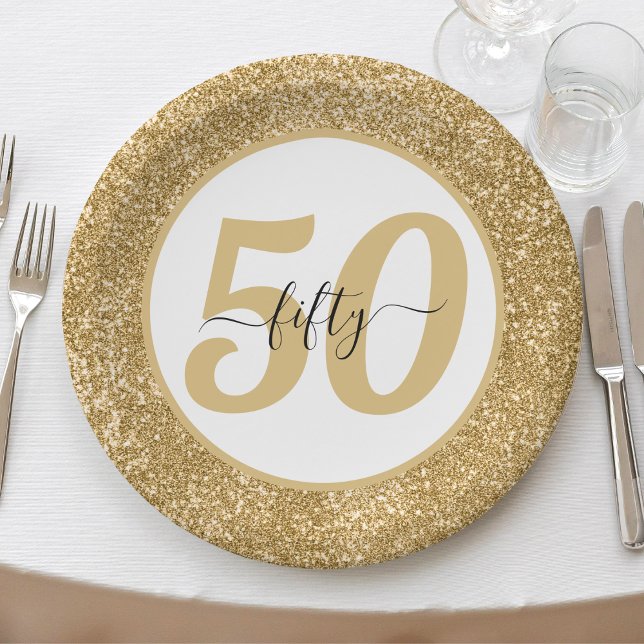 White & Gold Glitzer 50 Fünfzig Jahre 50. Geburtst Pappteller (White & Gold Glitter 50 Fifty Years 50th Birthday Paper Plates)