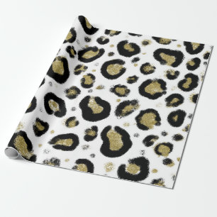 White Gold Glitzer & Black Leopard Cheetah Print Geschenkpapier