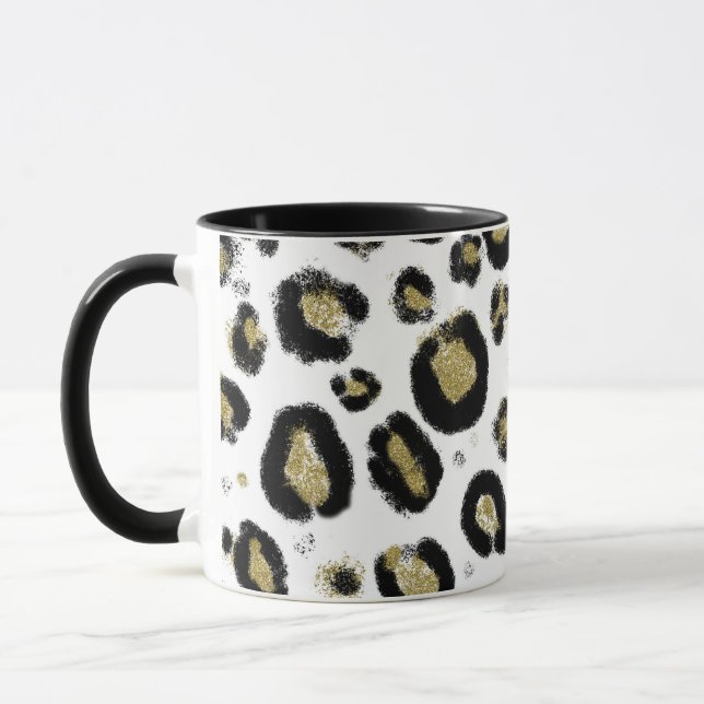 White Gold Glitzer & Black Leopard Cheetah Print Tasse (Links)