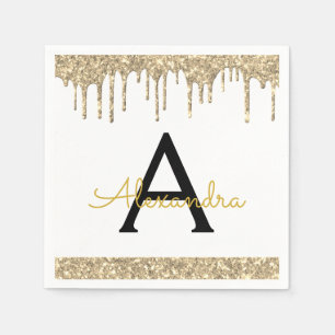 White Gold Glitzer Black Monogram Birthday Serviette