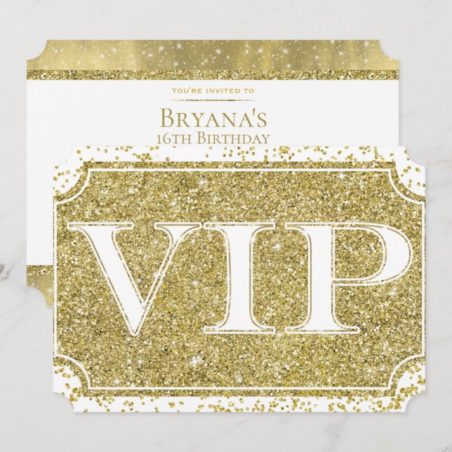 White Gold Glitzer Confetti Glam VIP Party Ticket Einladung (Vorne/Hinten)
