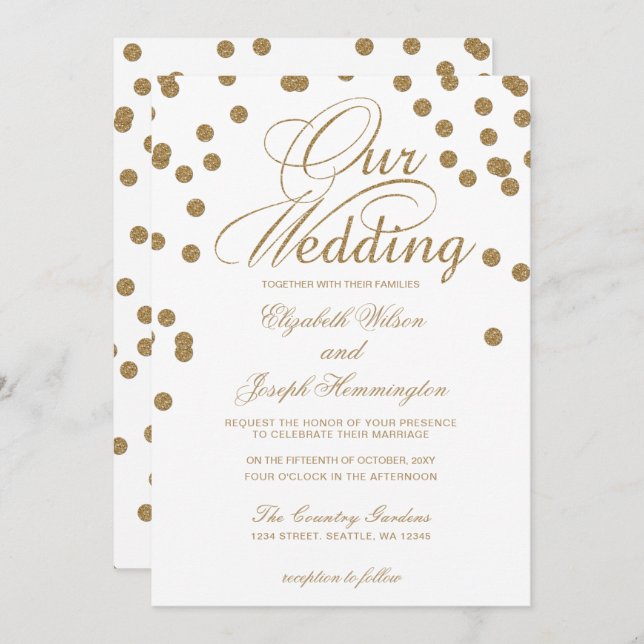 White Gold Glitzer Confetti Hochzeit Einladung (Vorne/Hinten)