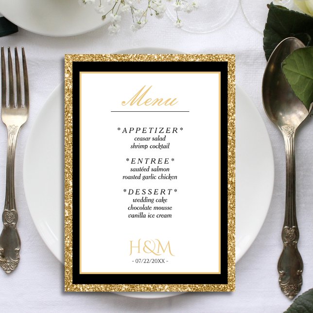 White & Gold Glitzer Dinner Hochzeitsempfang Menükarte (black, white and gold glitter wedding menu)