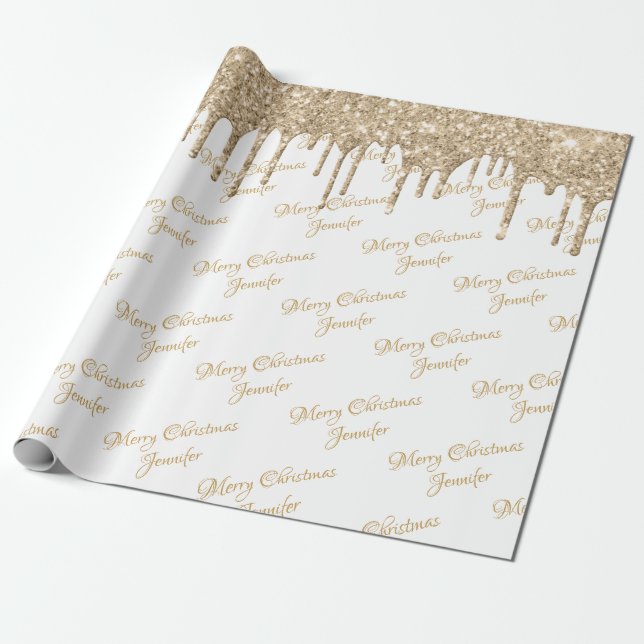 White Gold Glitzer Drilling Christmas Name Script Geschenkpapier (Ungerollt)