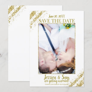 White & Gold Glitzer Foto Save the Date Hochzeit Einladung