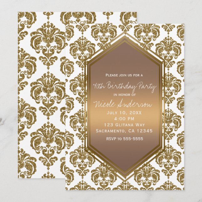 White Gold Glitzer Glam Damask Print Party Einladung (Vorne/Hinten)
