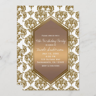 White Gold Glitzer Glam Damask Print Party Einladung