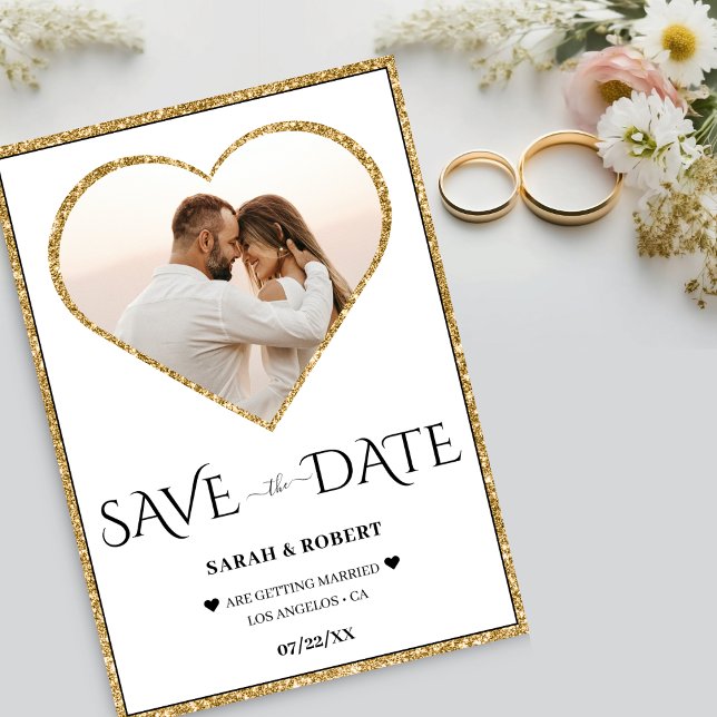 White & Gold Glitzer Heart Foto Hochzeit Save The Date (White & Gold Glitter Heart Photo Wedding Save The Date)