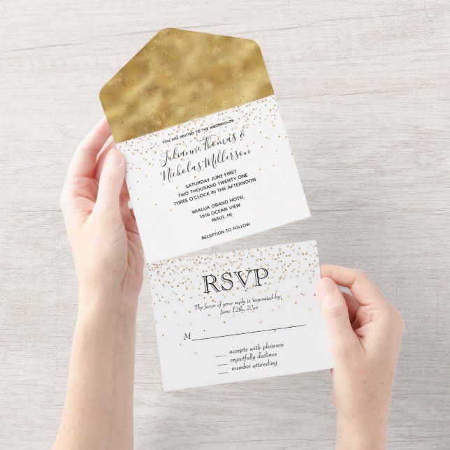 White Gold Glitzer Konfetti Hochzeit All In One Einladung (Abreißen)