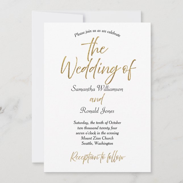 White Gold Glitzer Minimalistisch Calligrafy Weddi Einladung (Vorderseite)