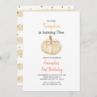 WHITE Gold Glitzer Pumpkin 1. Geburtstag Einladung