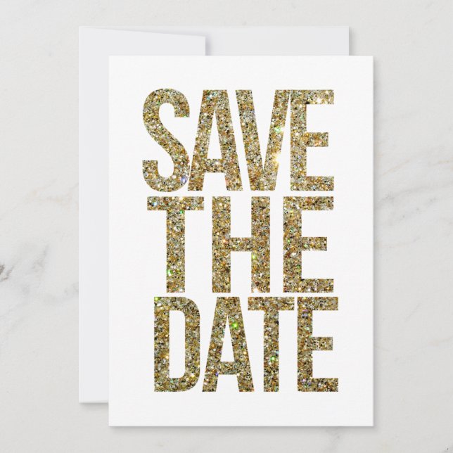 White & Gold Glitzer Save the Date Typografie (Vorderseite)