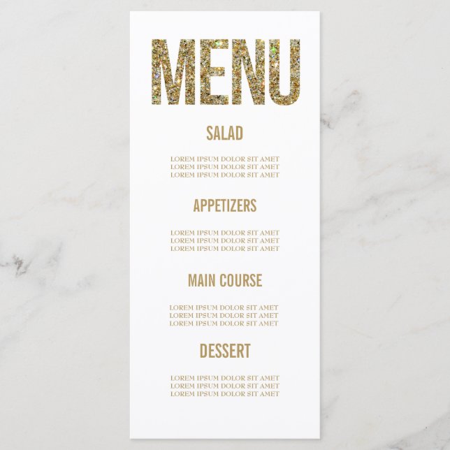 White & Gold Glitzer Typografy Wedding Menu Cards Menükarte (Vorderseite)