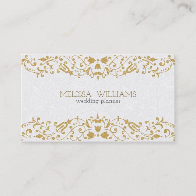 White & Gold Glitzer Vintage Wirbel Visitenkarte (Vorderseite)