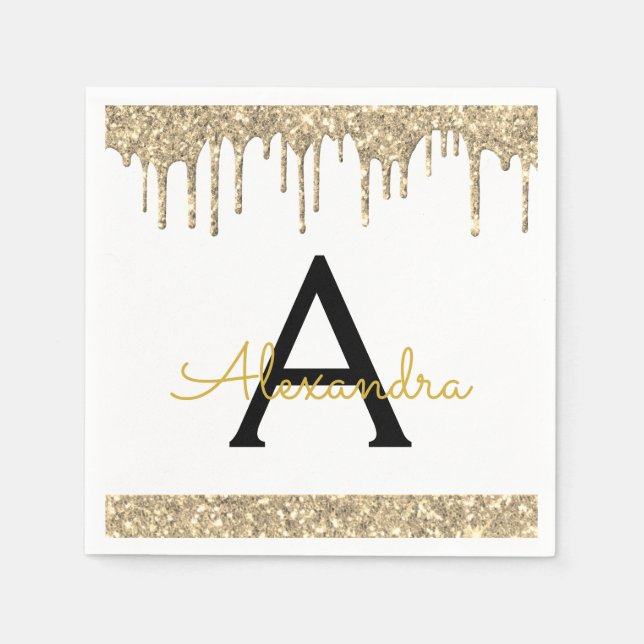 White Gold Glitzern Black Monogram Birthday Serviette (Vorderseite)