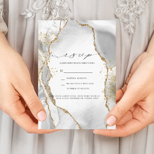 White, Gold & Gray Mist Agate Wedding RSVP Einladung