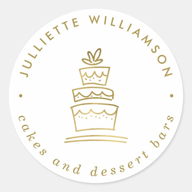 White & Gold handgezogene Hochzeitskuchen Runder Aufkleber (Vorderseite)