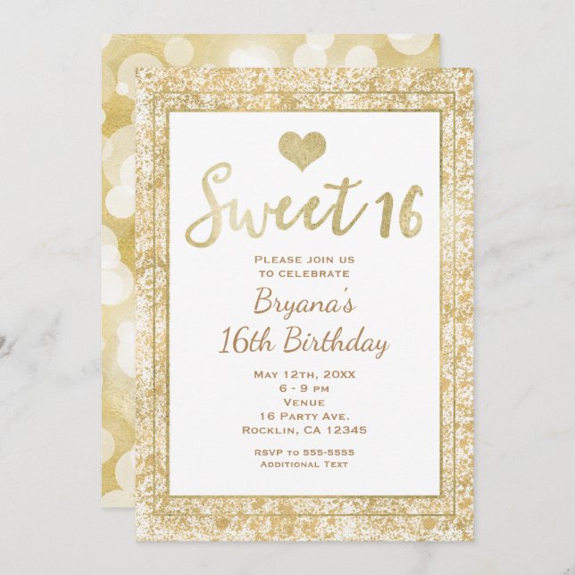 White & Gold Heart Glam SWEET 16 Party Einladungen (Vorne/Hinten)