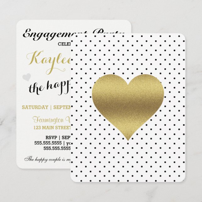 White & Gold Heart Polka Dot Brautparty Party Einladung (Vorne/Hinten)