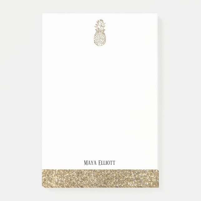 White + Gold Imitate Glitzer Ananas & Border Post-it Klebezettel (Vorderseite)