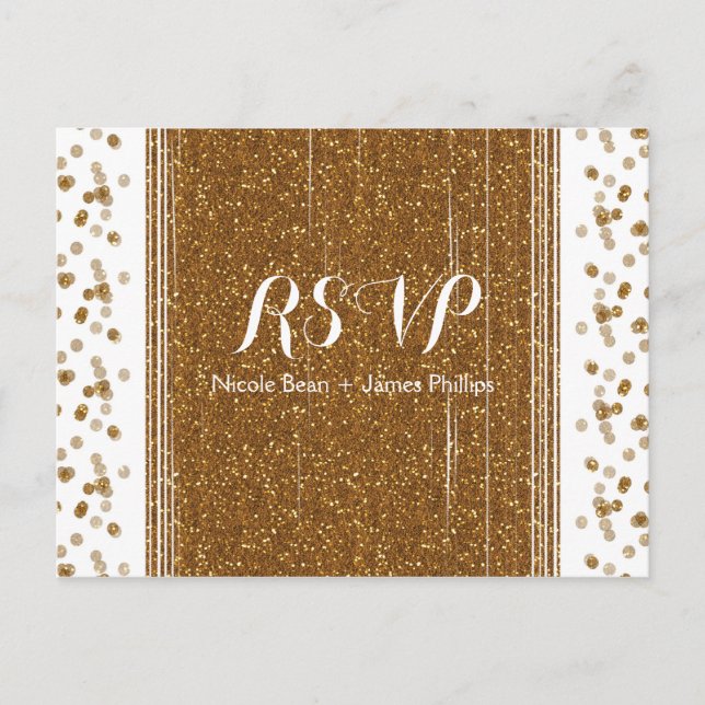 White & Gold Imitate Glitzer Hochzeit RSVP Postkar Einladungspostkarte (Vorderseite)