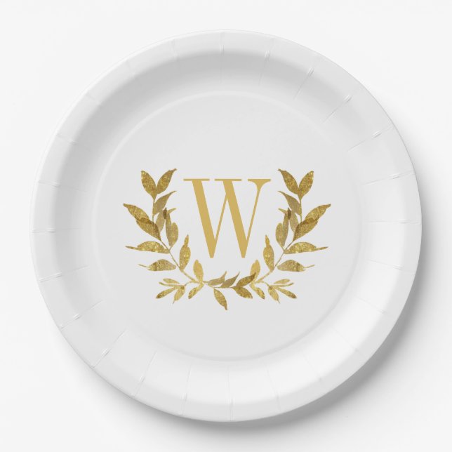 White Gold Leaf Monogram Elegant Chic Wedding Pappteller (Vorderseite)