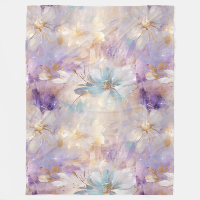 White Gold Lila Blue Floral Fleecedecke (Vorderseite)
