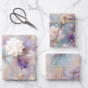 White Gold Lila Blue Floral Geschenkpapier Set