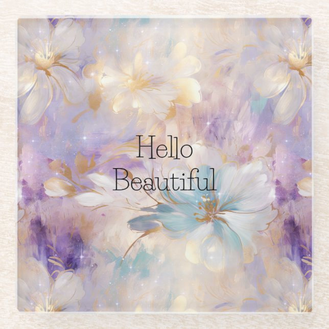 White Gold Lila Blue Floral Glasuntersetzer (Vorderseite)