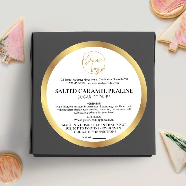 White & Gold Logo Luxus Moderne Bäckerei Zutaten Runder Aufkleber (Faux gold and white bakery cottage law stickers with logo, great for your food packaging)