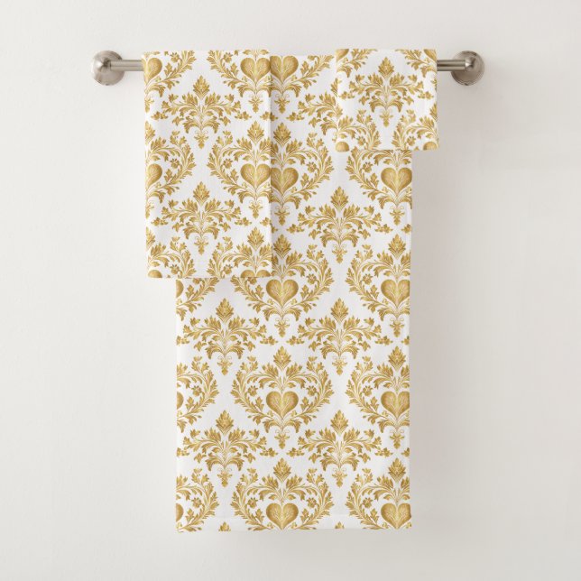 White & Gold Look Damask Herzklopfen Handtuch Set (Insitu)