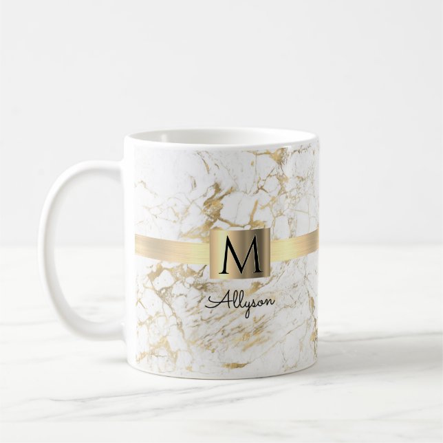 White & Gold-Marmor, Script-Name und Monogramm Kaffeetasse (Links)