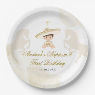 White Gold Mexican Boy Baptisse & First Birthday Pappteller